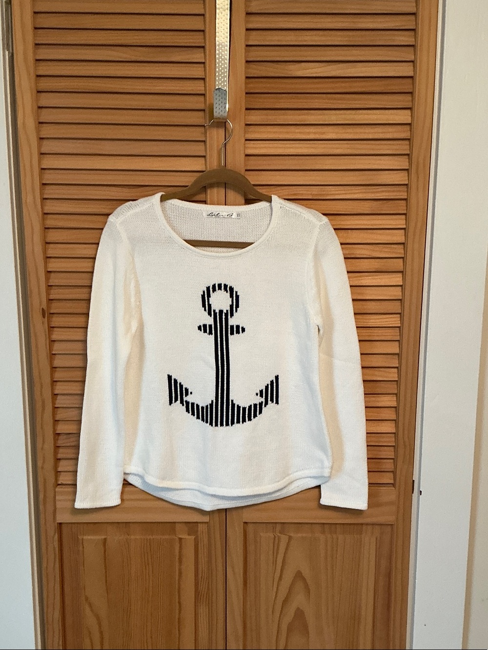 Lulu-B White Knit Sweater with Black Anchor Graphic
